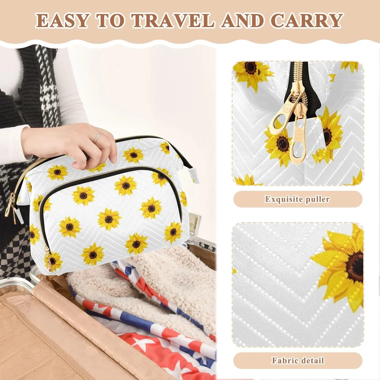 Women Wave Quilt Cosmetic Bag, Zipper Toiletry Storage 10.2x5.9x6.7 in, Pouch Handbag Makeup Case Purse Holder Organizer Print Seamless Yellow Sunflowers On White
