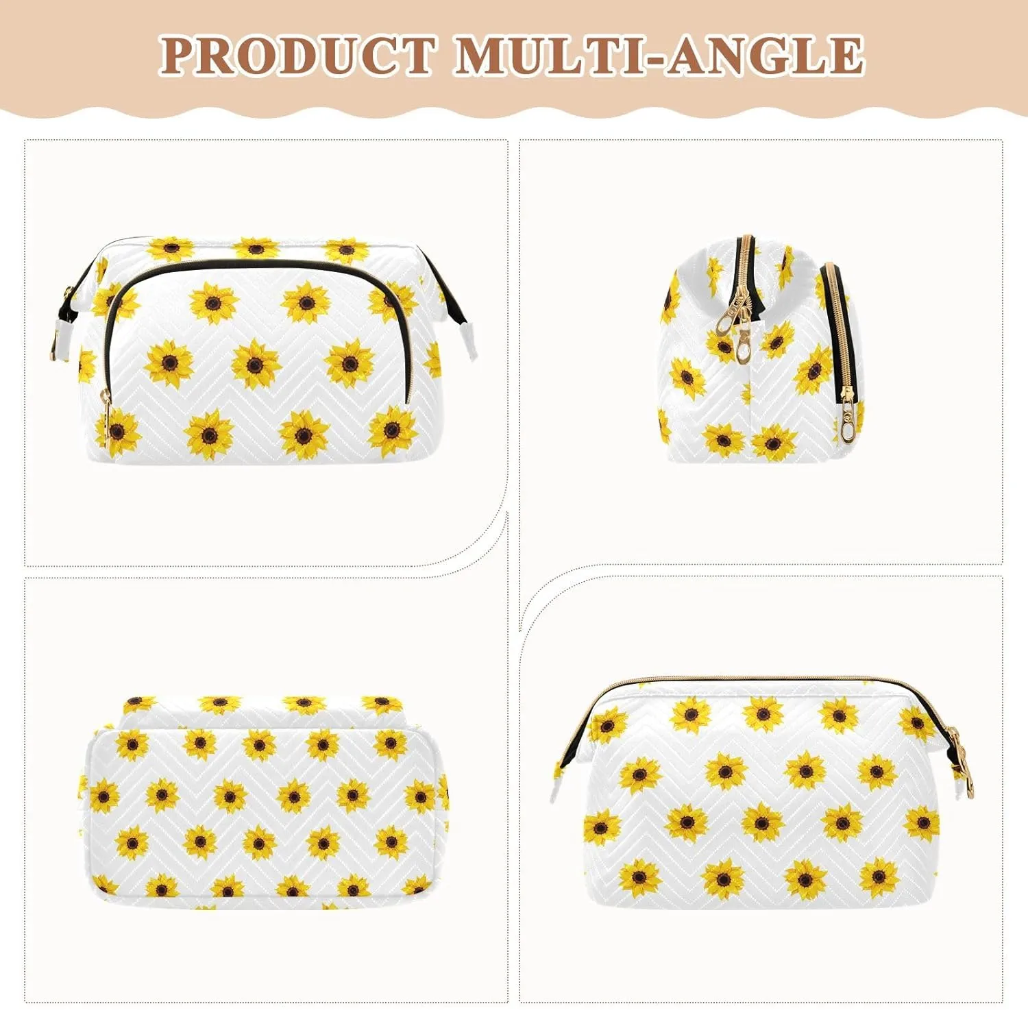 Women Wave Quilt Cosmetic Bag, Zipper Toiletry Storage 10.2x5.9x6.7 in, Pouch Handbag Makeup Case Purse Holder Organizer Print Seamless Yellow Sunflowers On White