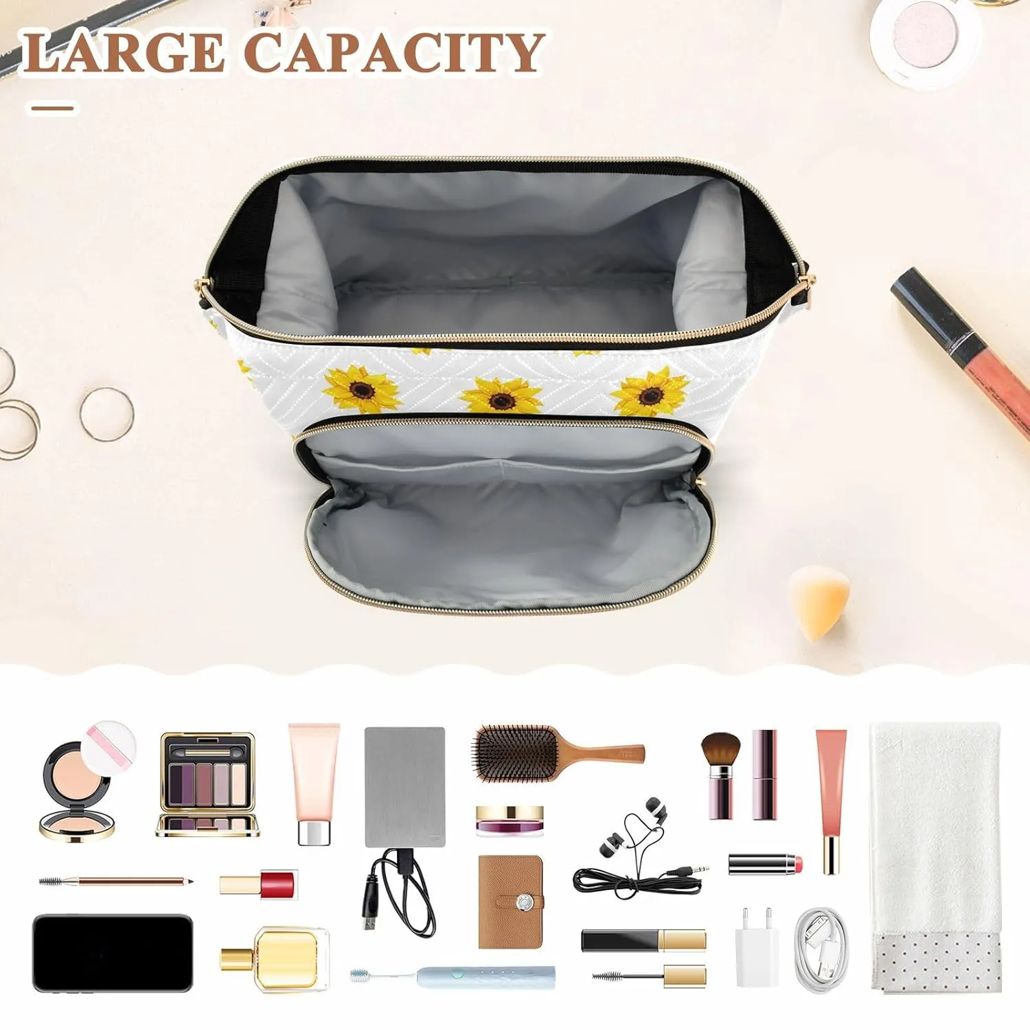 Women Wave Quilt Cosmetic Bag, Zipper Toiletry Storage 10.2x5.9x6.7 in, Pouch Handbag Makeup Case Purse Holder Organizer Print Seamless Yellow Sunflowers On White