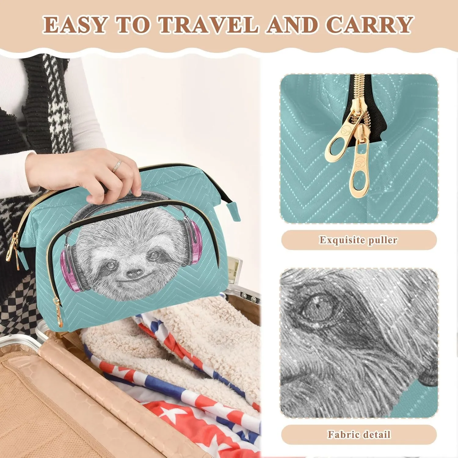 Women Wave Quilt Cosmetic Bag, Zipper Toiletry Storage 10.2x5.9x6.7 in, Pouch Handbag Makeup Case Purse Holder Organizer Print Sloth Head with Headphones On Turquoise