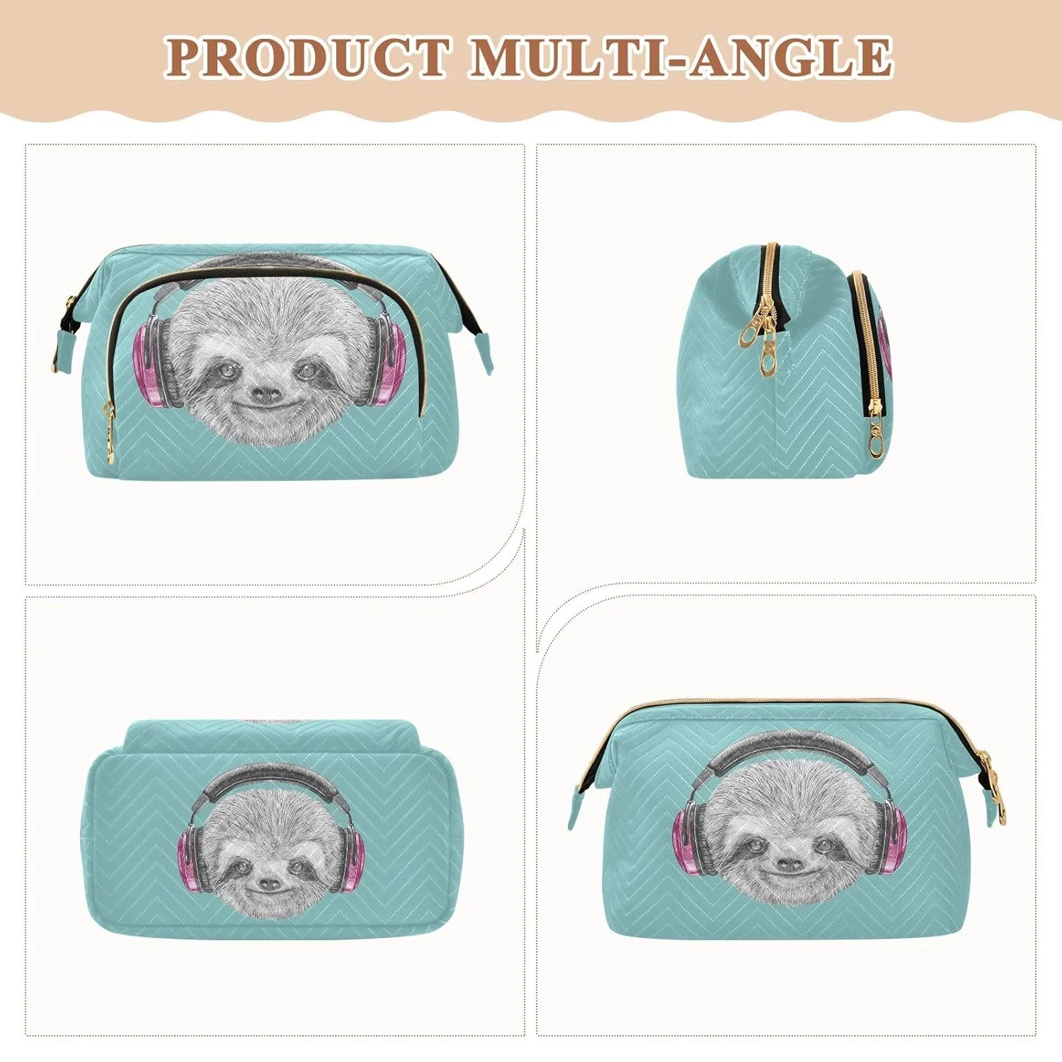 Women Wave Quilt Cosmetic Bag, Zipper Toiletry Storage 10.2x5.9x6.7 in, Pouch Handbag Makeup Case Purse Holder Organizer Print Sloth Head with Headphones On Turquoise