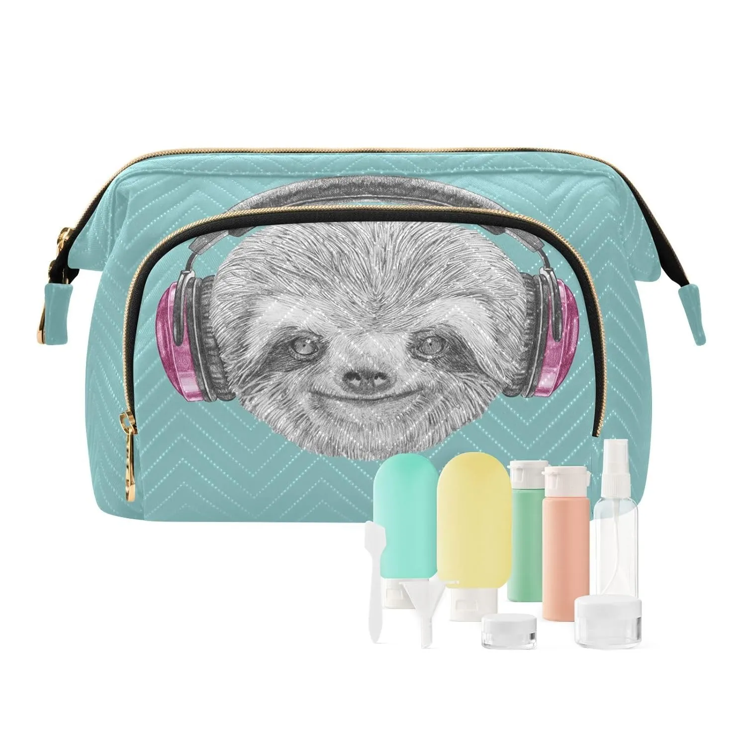 Women Wave Quilt Cosmetic Bag, Zipper Toiletry Storage 10.2x5.9x6.7 in, Pouch Handbag Makeup Case Purse Holder Organizer Print Sloth Head with Headphones On Turquoise