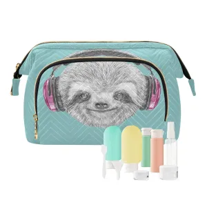 Women Wave Quilt Cosmetic Bag, Zipper Toiletry Storage 10.2x5.9x6.7 in, Pouch Handbag Makeup Case Purse Holder Organizer Print Sloth Head with Headphones On Turquoise