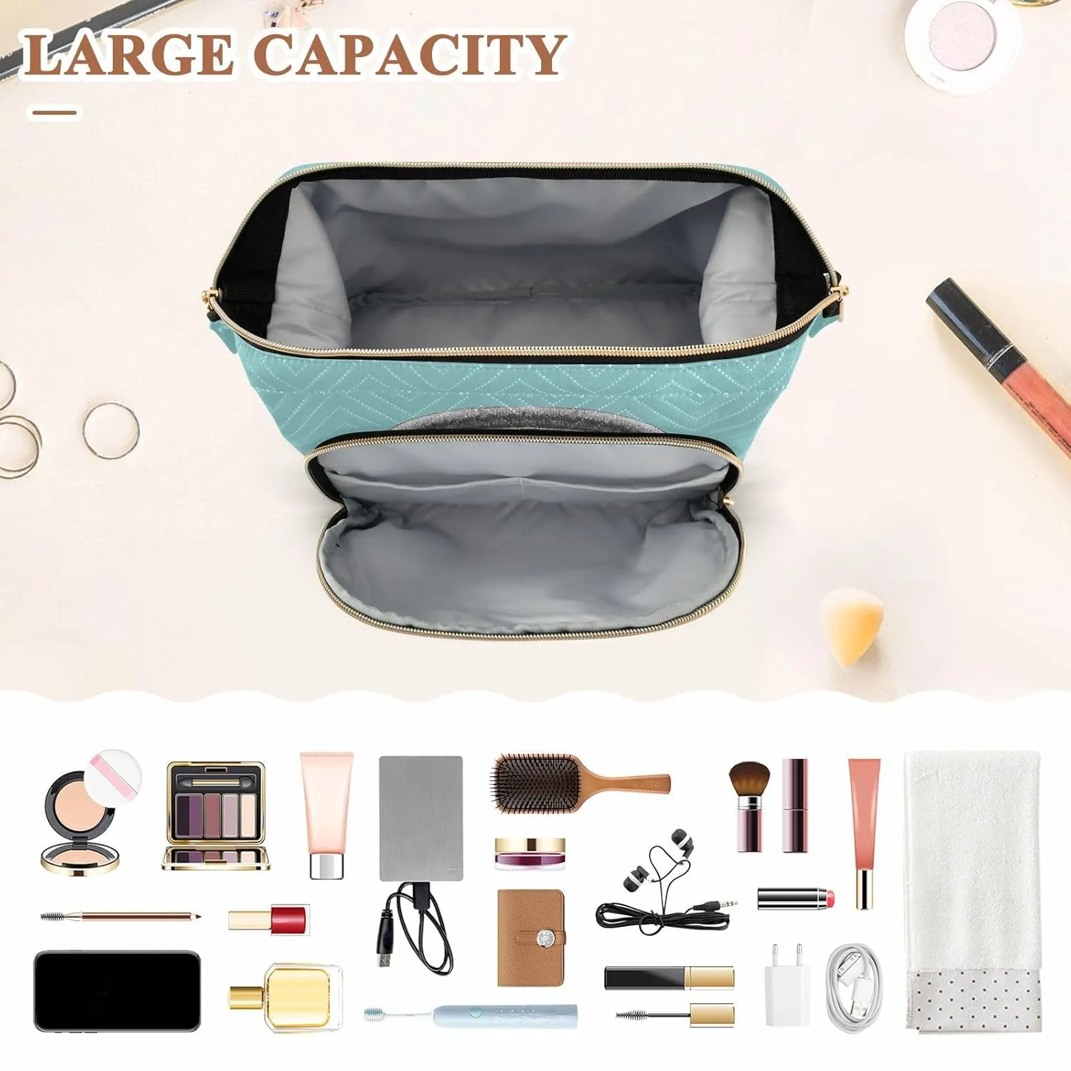 Women Wave Quilt Cosmetic Bag, Zipper Toiletry Storage 10.2x5.9x6.7 in, Pouch Handbag Makeup Case Purse Holder Organizer Print Sloth Head with Headphones On Turquoise