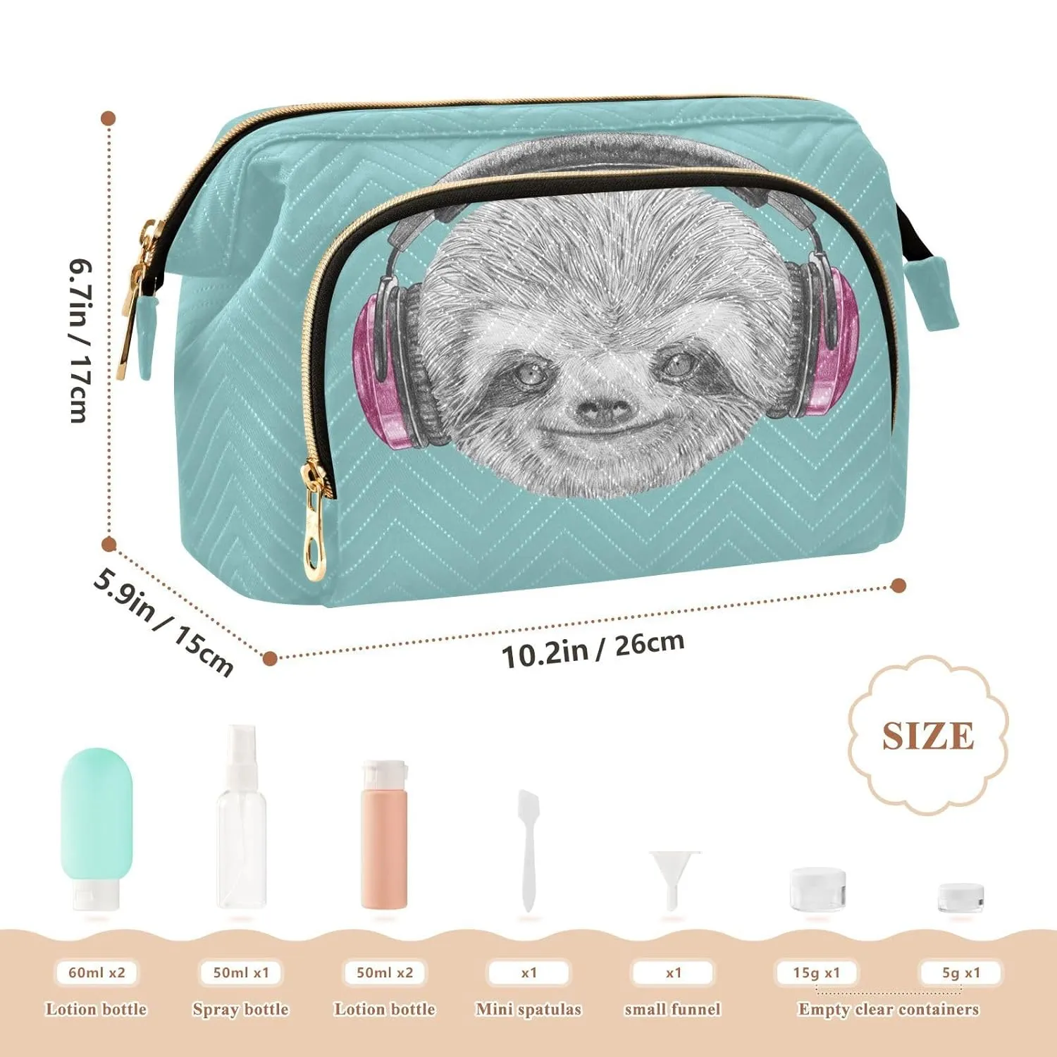 Women Wave Quilt Cosmetic Bag, Zipper Toiletry Storage 10.2x5.9x6.7 in, Pouch Handbag Makeup Case Purse Holder Organizer Print Sloth Head with Headphones On Turquoise