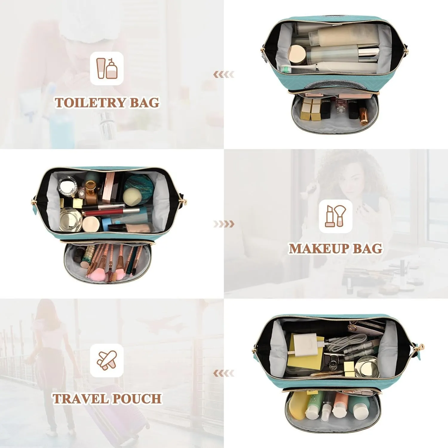 Women Wave Quilt Cosmetic Bag, Zipper Toiletry Storage 10.2x5.9x6.7 in, Pouch Handbag Makeup Case Purse Holder Organizer Print Sloth Head with Headphones On Turquoise
