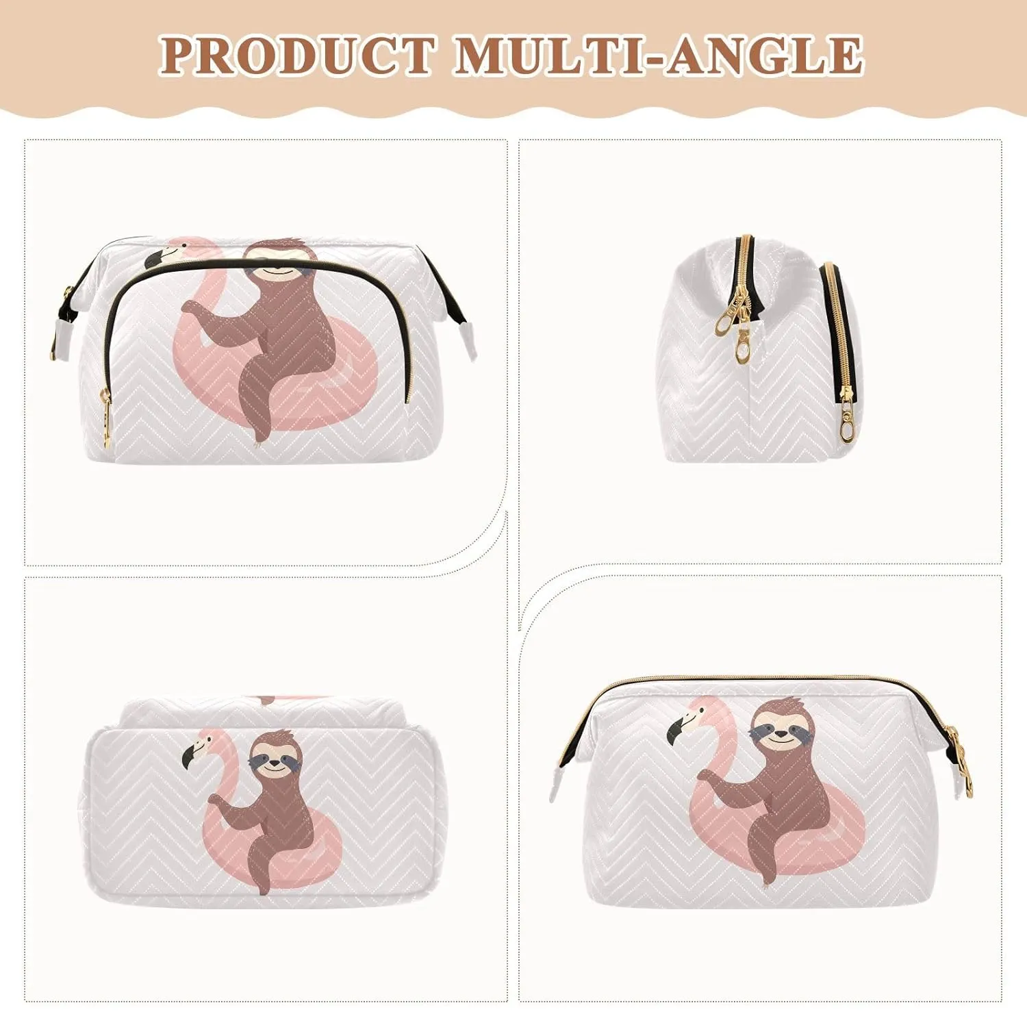 Women Wave Quilt Cosmetic Bag, Zipper Toiletry Storage 10.2x5.9x6.7 in, Pouch Handbag Makeup Case Purse Holder Organizer Print Sloth On Flamingo