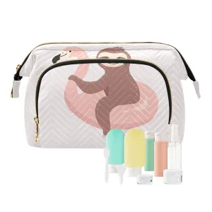 Women Wave Quilt Cosmetic Bag, Zipper Toiletry Storage 10.2x5.9x6.7 in, Pouch Handbag Makeup Case Purse Holder Organizer Print Sloth On Flamingo