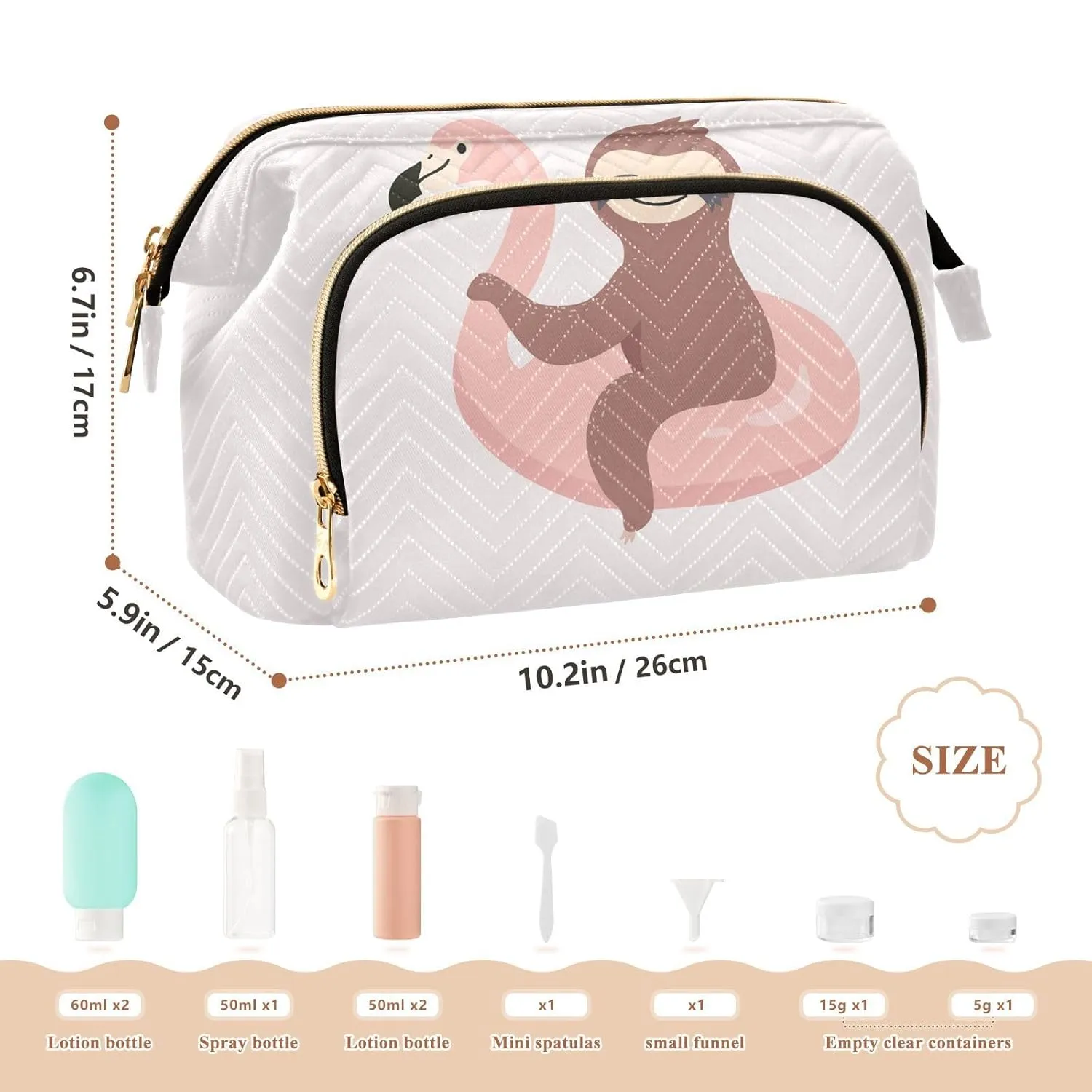 Women Wave Quilt Cosmetic Bag, Zipper Toiletry Storage 10.2x5.9x6.7 in, Pouch Handbag Makeup Case Purse Holder Organizer Print Sloth On Flamingo