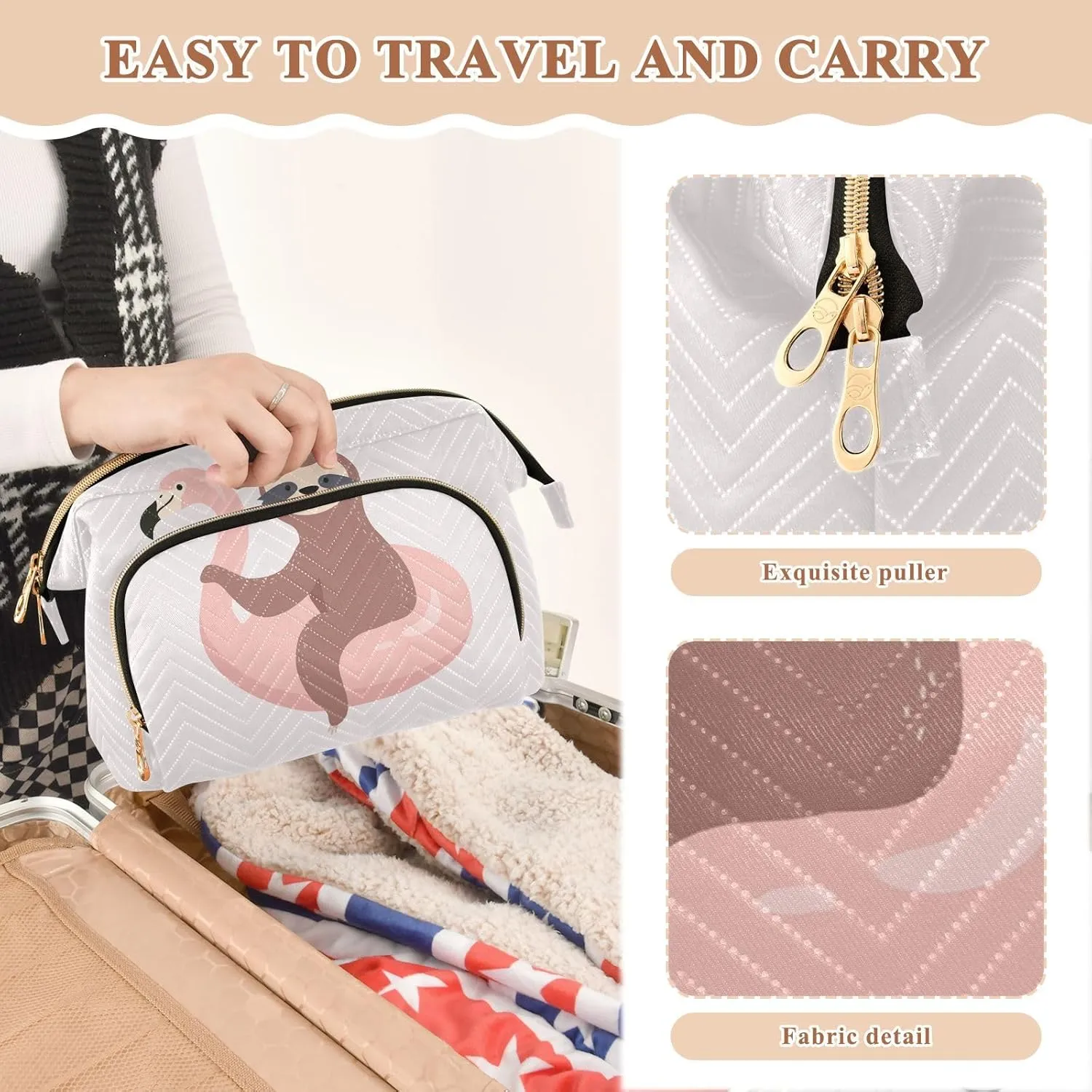 Women Wave Quilt Cosmetic Bag, Zipper Toiletry Storage 10.2x5.9x6.7 in, Pouch Handbag Makeup Case Purse Holder Organizer Print Sloth On Flamingo