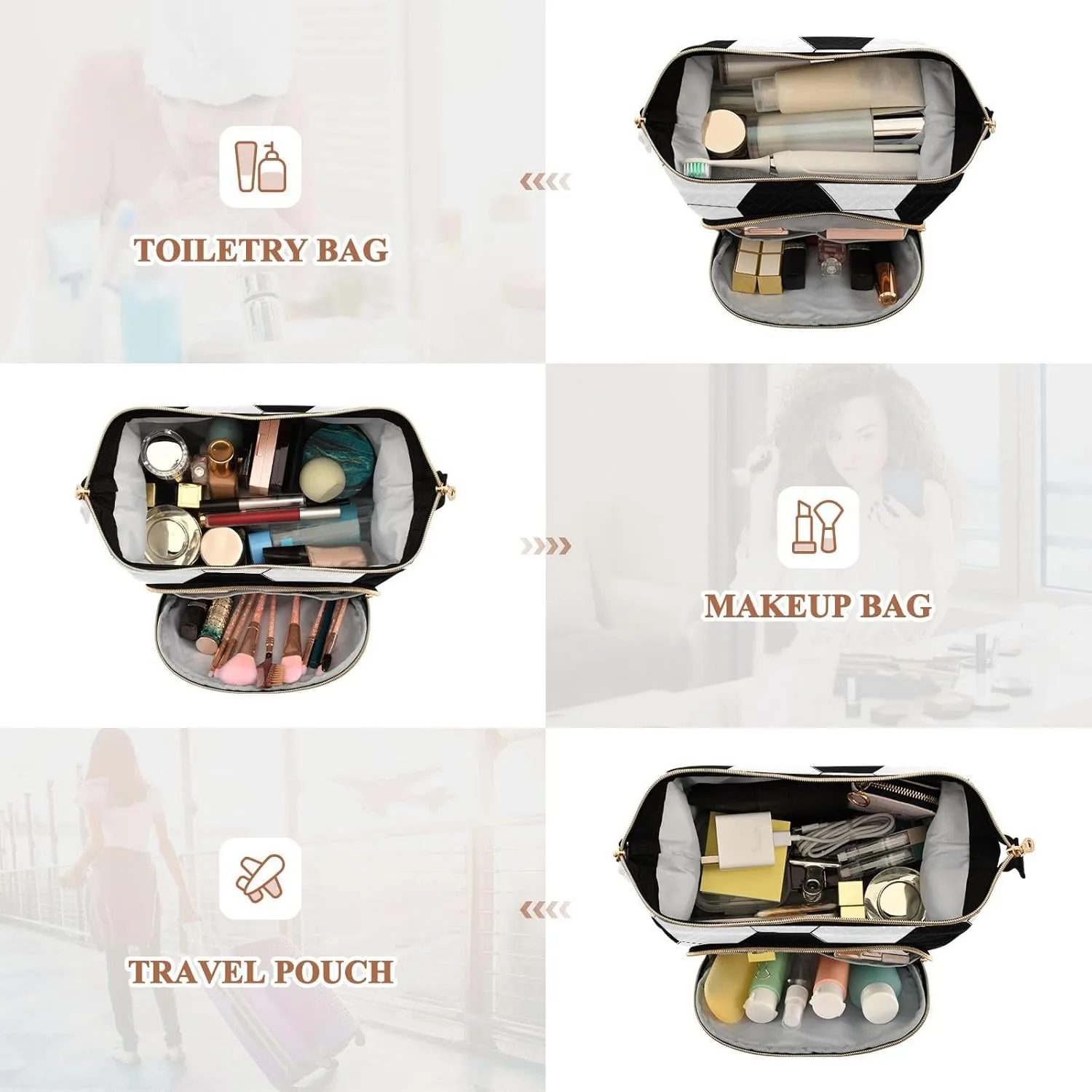 Women Wave Quilt Cosmetic Bag, Zipper Toiletry Storage 10.2x5.9x6.7 in, Pouch Handbag Makeup Case Purse Holder Organizer Print Soccer Ball Texture