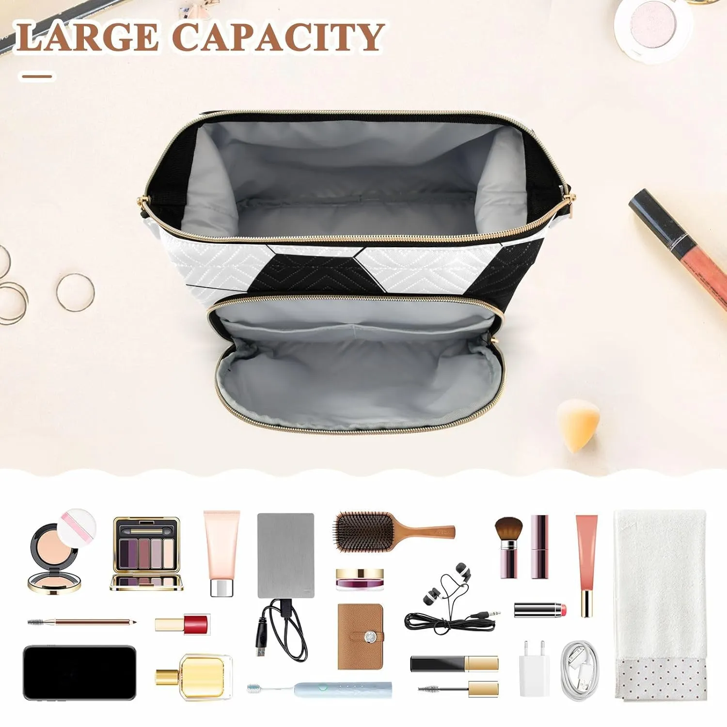 Women Wave Quilt Cosmetic Bag, Zipper Toiletry Storage 10.2x5.9x6.7 in, Pouch Handbag Makeup Case Purse Holder Organizer Print Soccer Ball Texture