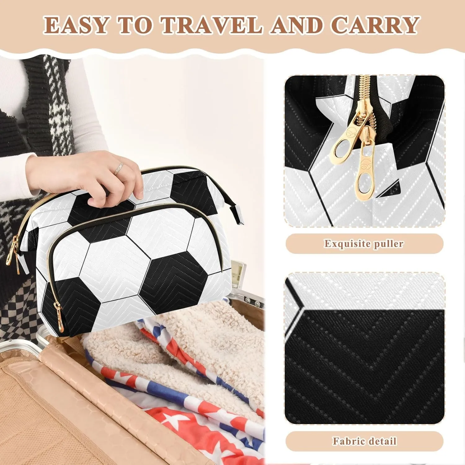 Women Wave Quilt Cosmetic Bag, Zipper Toiletry Storage 10.2x5.9x6.7 in, Pouch Handbag Makeup Case Purse Holder Organizer Print Soccer Ball Texture