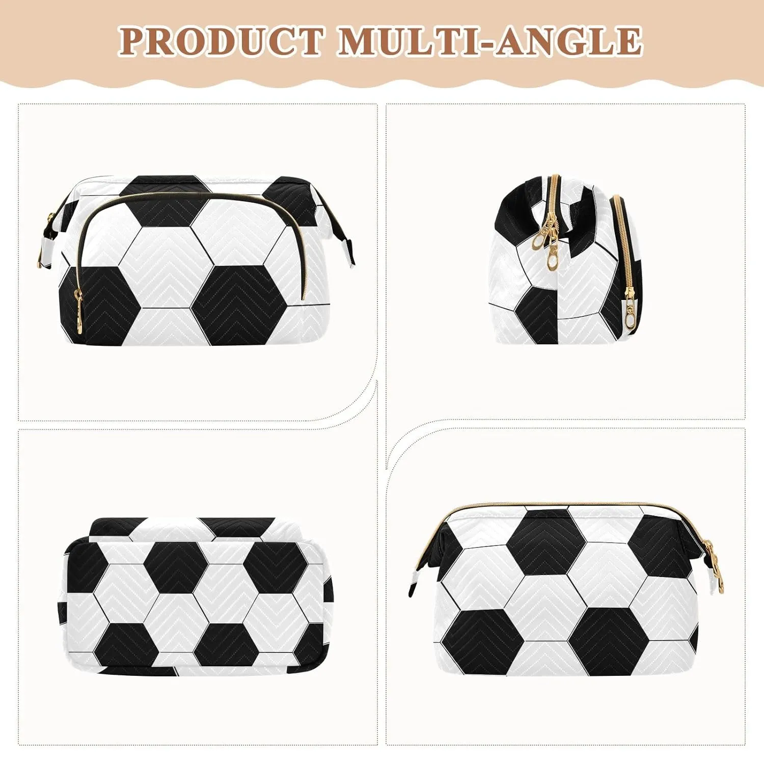 Women Wave Quilt Cosmetic Bag, Zipper Toiletry Storage 10.2x5.9x6.7 in, Pouch Handbag Makeup Case Purse Holder Organizer Print Soccer Ball Texture