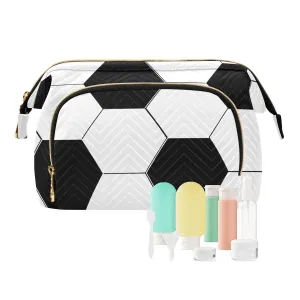 Women Wave Quilt Cosmetic Bag, Zipper Toiletry Storage 10.2x5.9x6.7 in, Pouch Handbag Makeup Case Purse Holder Organizer Print Soccer Ball Texture