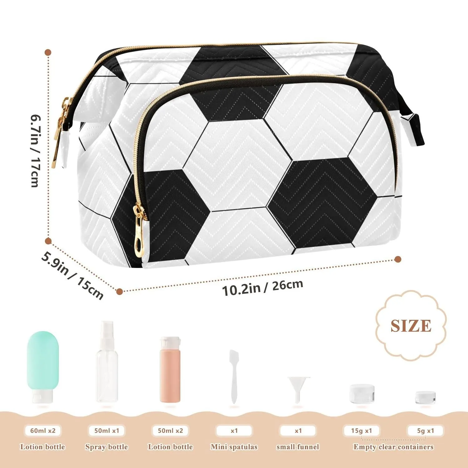 Women Wave Quilt Cosmetic Bag, Zipper Toiletry Storage 10.2x5.9x6.7 in, Pouch Handbag Makeup Case Purse Holder Organizer Print Soccer Ball Texture