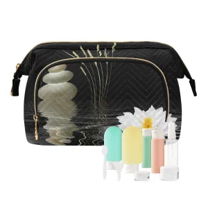 Women Wave Quilt Cosmetic Bag, Zipper Toiletry Storage 10.2x5.9x6.7 in, Pouch Handbag Makeup Case Purse Holder Organizer Print Spa Zen Stones White Lotus Lily Wild Over Water