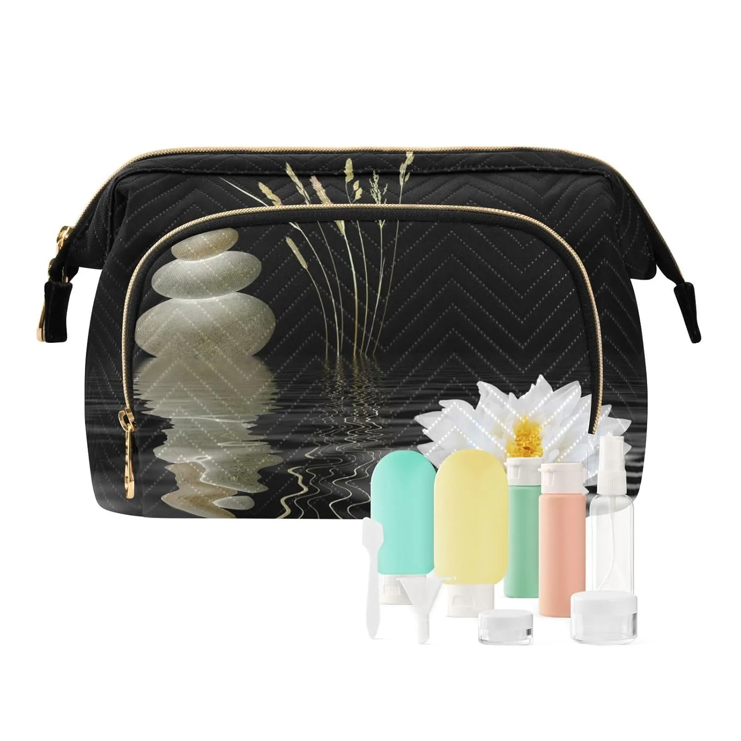 Women Wave Quilt Cosmetic Bag, Zipper Toiletry Storage 10.2x5.9x6.7 in, Pouch Handbag Makeup Case Purse Holder Organizer Print Spa Zen Stones White Lotus Lily Wild Over Water