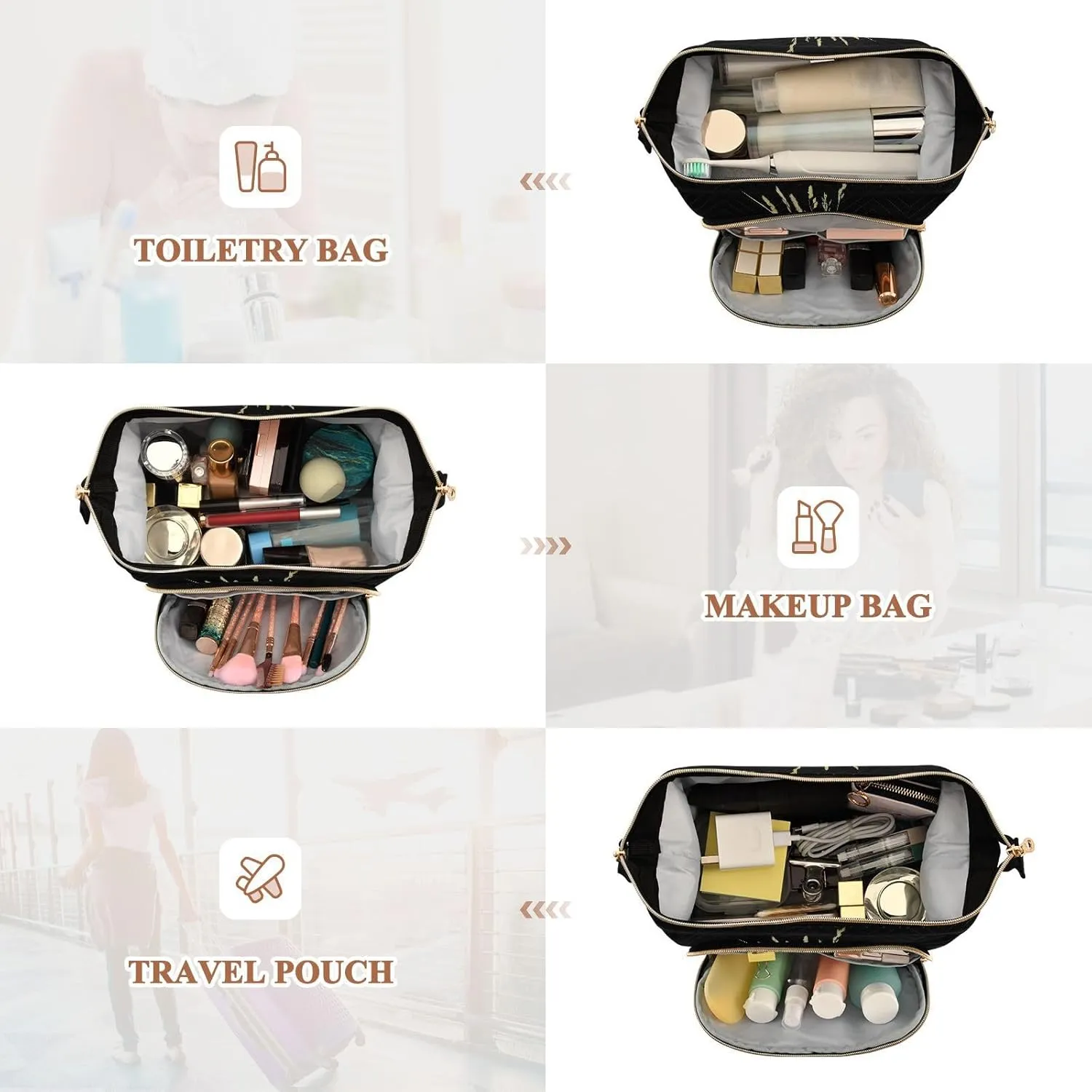 Women Wave Quilt Cosmetic Bag, Zipper Toiletry Storage 10.2x5.9x6.7 in, Pouch Handbag Makeup Case Purse Holder Organizer Print Spa Zen Stones White Lotus Lily Wild Over Water