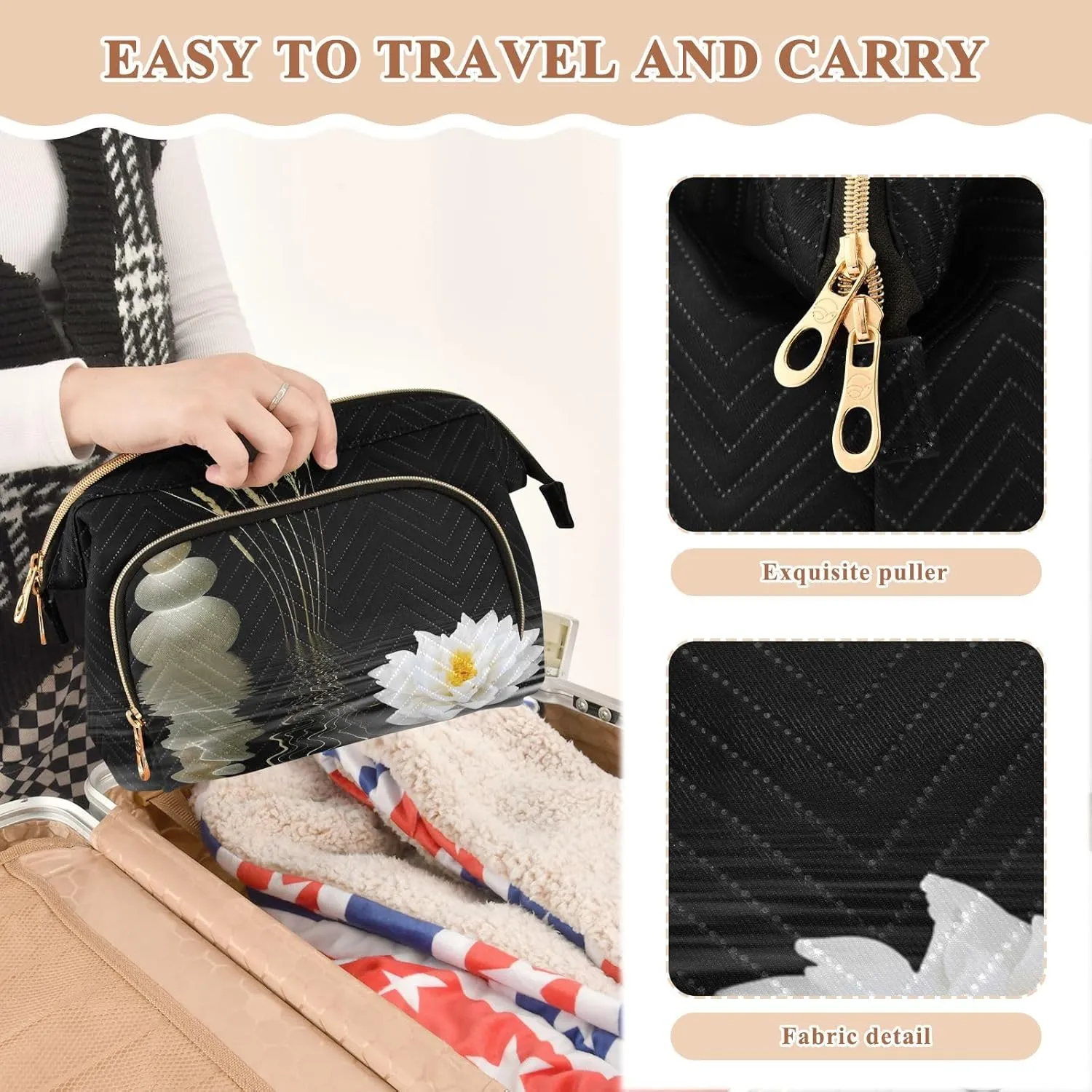 Women Wave Quilt Cosmetic Bag, Zipper Toiletry Storage 10.2x5.9x6.7 in, Pouch Handbag Makeup Case Purse Holder Organizer Print Spa Zen Stones White Lotus Lily Wild Over Water