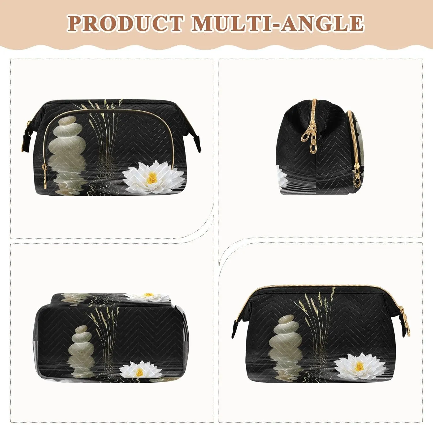 Women Wave Quilt Cosmetic Bag, Zipper Toiletry Storage 10.2x5.9x6.7 in, Pouch Handbag Makeup Case Purse Holder Organizer Print Spa Zen Stones White Lotus Lily Wild Over Water