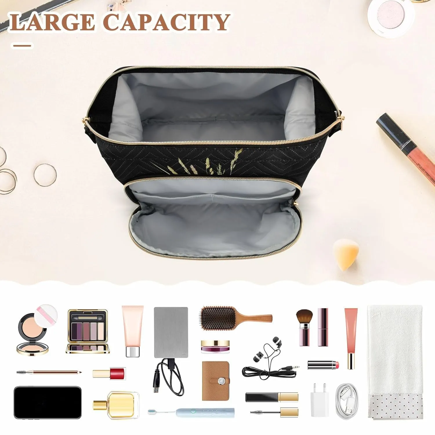 Women Wave Quilt Cosmetic Bag, Zipper Toiletry Storage 10.2x5.9x6.7 in, Pouch Handbag Makeup Case Purse Holder Organizer Print Spa Zen Stones White Lotus Lily Wild Over Water