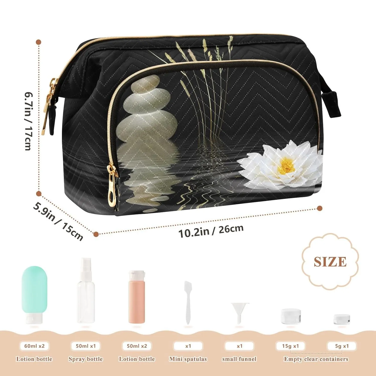 Women Wave Quilt Cosmetic Bag, Zipper Toiletry Storage 10.2x5.9x6.7 in, Pouch Handbag Makeup Case Purse Holder Organizer Print Spa Zen Stones White Lotus Lily Wild Over Water