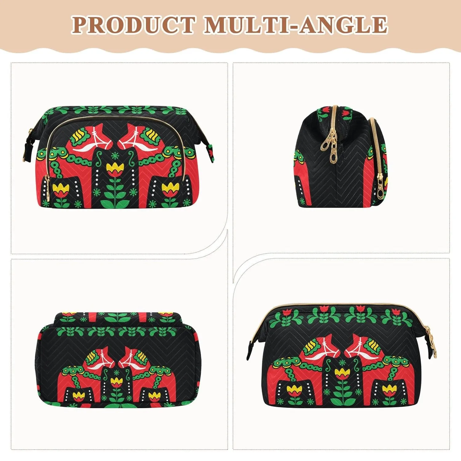 Women Wave Quilt Cosmetic Bag, Zipper Toiletry Storage 10.2x5.9x6.7 in, Pouch Handbag Makeup Case Purse Holder Organizer Print Swedish Dala Horse Folk art Seamless on Black
