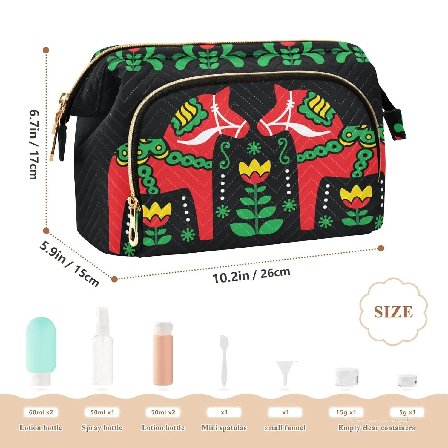 Women Wave Quilt Cosmetic Bag, Zipper Toiletry Storage 10.2x5.9x6.7 in, Pouch Handbag Makeup Case Purse Holder Organizer Print Swedish Dala Horse Folk art Seamless on Black