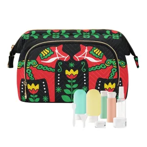 Women Wave Quilt Cosmetic Bag, Zipper Toiletry Storage 10.2x5.9x6.7 in, Pouch Handbag Makeup Case Purse Holder Organizer Print Swedish Dala Horse Folk art Seamless on Black