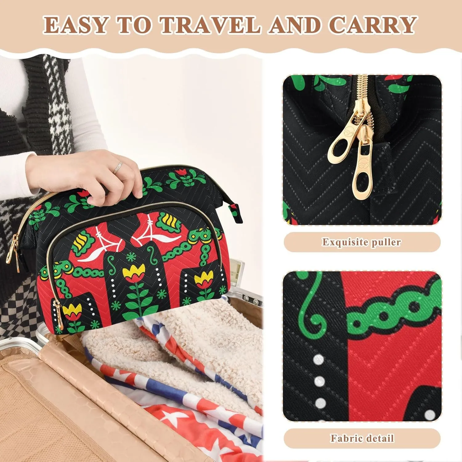 Women Wave Quilt Cosmetic Bag, Zipper Toiletry Storage 10.2x5.9x6.7 in, Pouch Handbag Makeup Case Purse Holder Organizer Print Swedish Dala Horse Folk art Seamless on Black