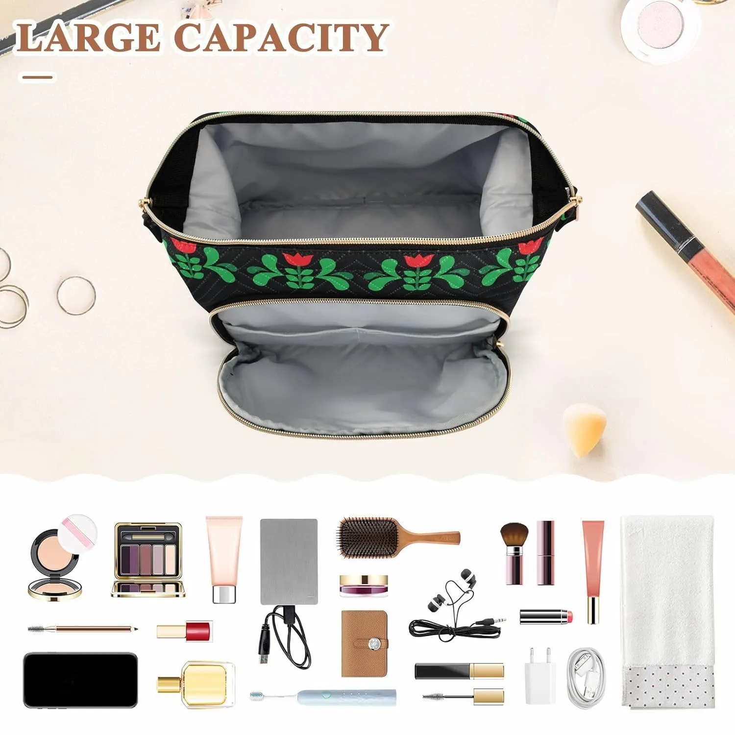 Women Wave Quilt Cosmetic Bag, Zipper Toiletry Storage 10.2x5.9x6.7 in, Pouch Handbag Makeup Case Purse Holder Organizer Print Swedish Dala Horse Folk art Seamless on Black