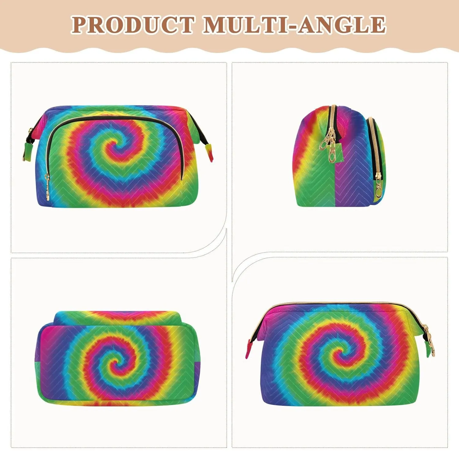Women Wave Quilt Cosmetic Bag, Zipper Toiletry Storage 10.2x5.9x6.7 in, Pouch Handbag Makeup Case Purse Holder Organizer Print Watercolor Spiral Tie Dye Rainbow Color