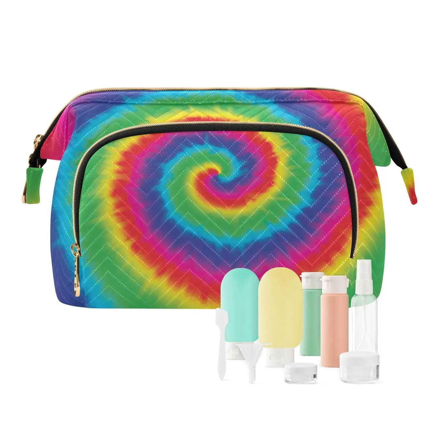 Women Wave Quilt Cosmetic Bag, Zipper Toiletry Storage 10.2x5.9x6.7 in, Pouch Handbag Makeup Case Purse Holder Organizer Print Watercolor Spiral Tie Dye Rainbow Color