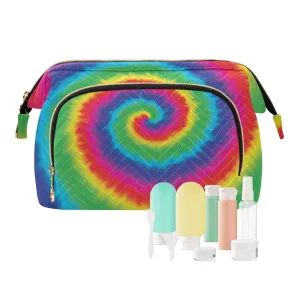 Women Wave Quilt Cosmetic Bag, Zipper Toiletry Storage 10.2x5.9x6.7 in, Pouch Handbag Makeup Case Purse Holder Organizer Print Watercolor Spiral Tie Dye Rainbow Color
