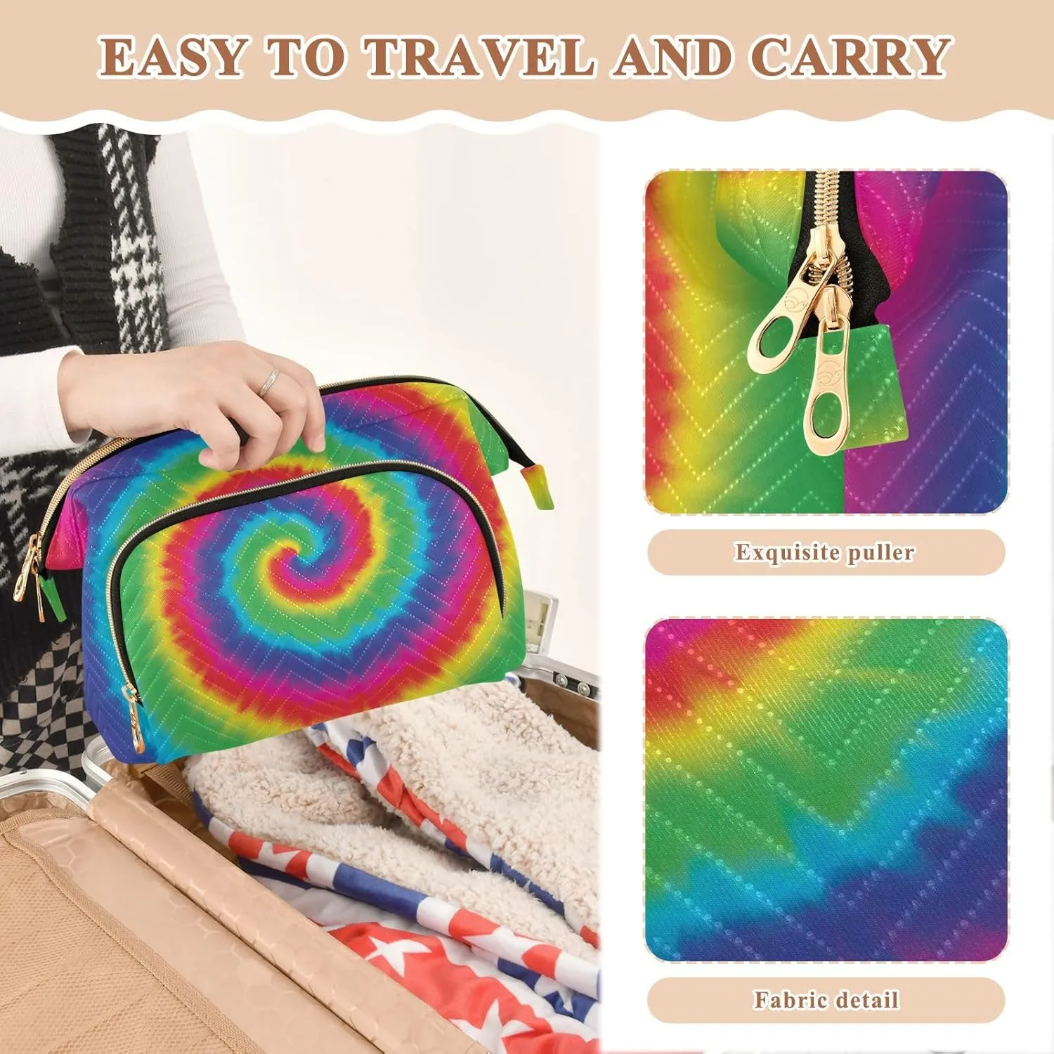 Women Wave Quilt Cosmetic Bag, Zipper Toiletry Storage 10.2x5.9x6.7 in, Pouch Handbag Makeup Case Purse Holder Organizer Print Watercolor Spiral Tie Dye Rainbow Color