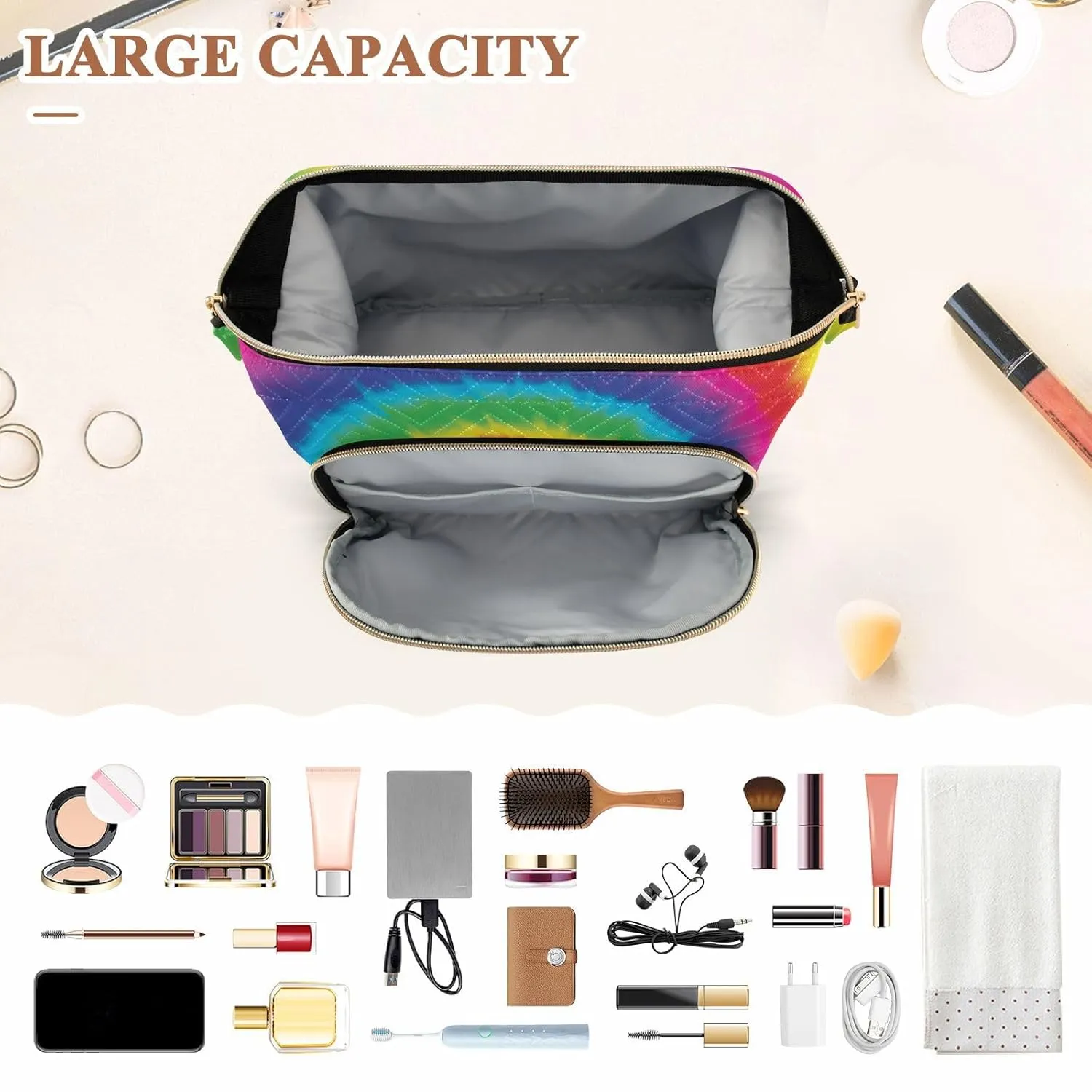 Women Wave Quilt Cosmetic Bag, Zipper Toiletry Storage 10.2x5.9x6.7 in, Pouch Handbag Makeup Case Purse Holder Organizer Print Watercolor Spiral Tie Dye Rainbow Color