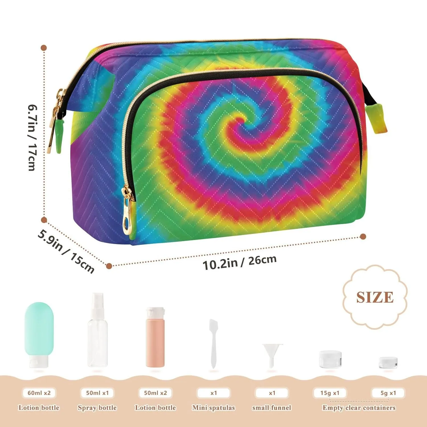 Women Wave Quilt Cosmetic Bag, Zipper Toiletry Storage 10.2x5.9x6.7 in, Pouch Handbag Makeup Case Purse Holder Organizer Print Watercolor Spiral Tie Dye Rainbow Color