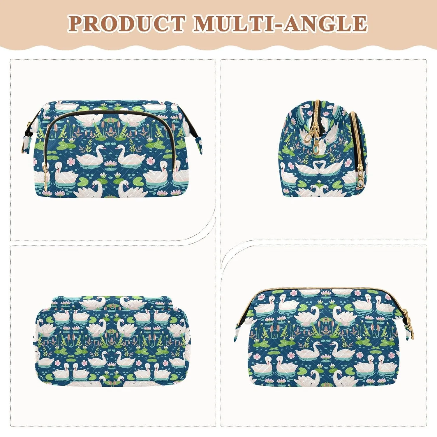 Women Wave Quilt Cosmetic Bag, Zipper Toiletry Storage 10.2x5.9x6.7 in, Pouch Handbag Makeup Case Purse Holder Organizer Print White Swans Water Lilies Green Leaves Pond
