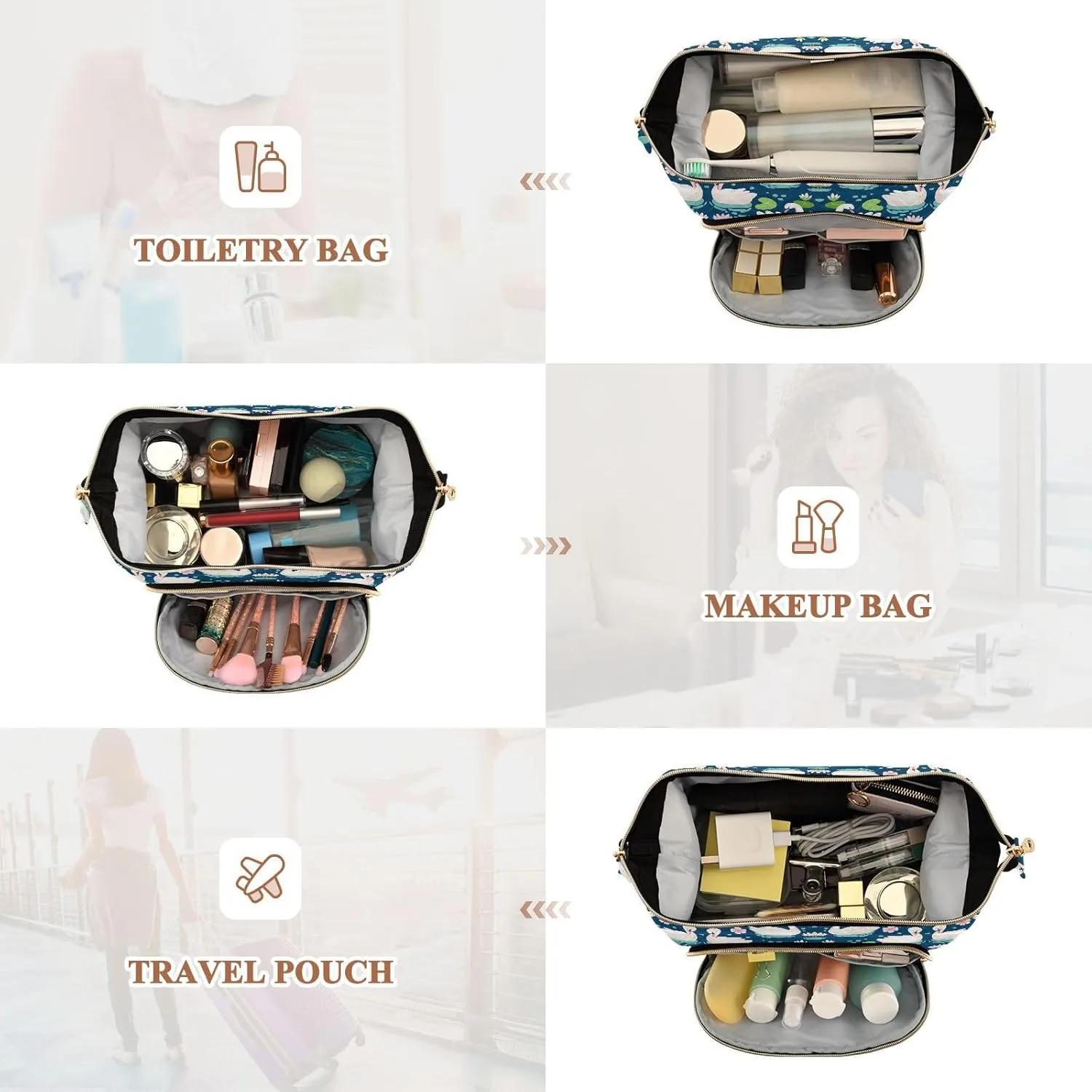 Women Wave Quilt Cosmetic Bag, Zipper Toiletry Storage 10.2x5.9x6.7 in, Pouch Handbag Makeup Case Purse Holder Organizer Print White Swans Water Lilies Green Leaves Pond