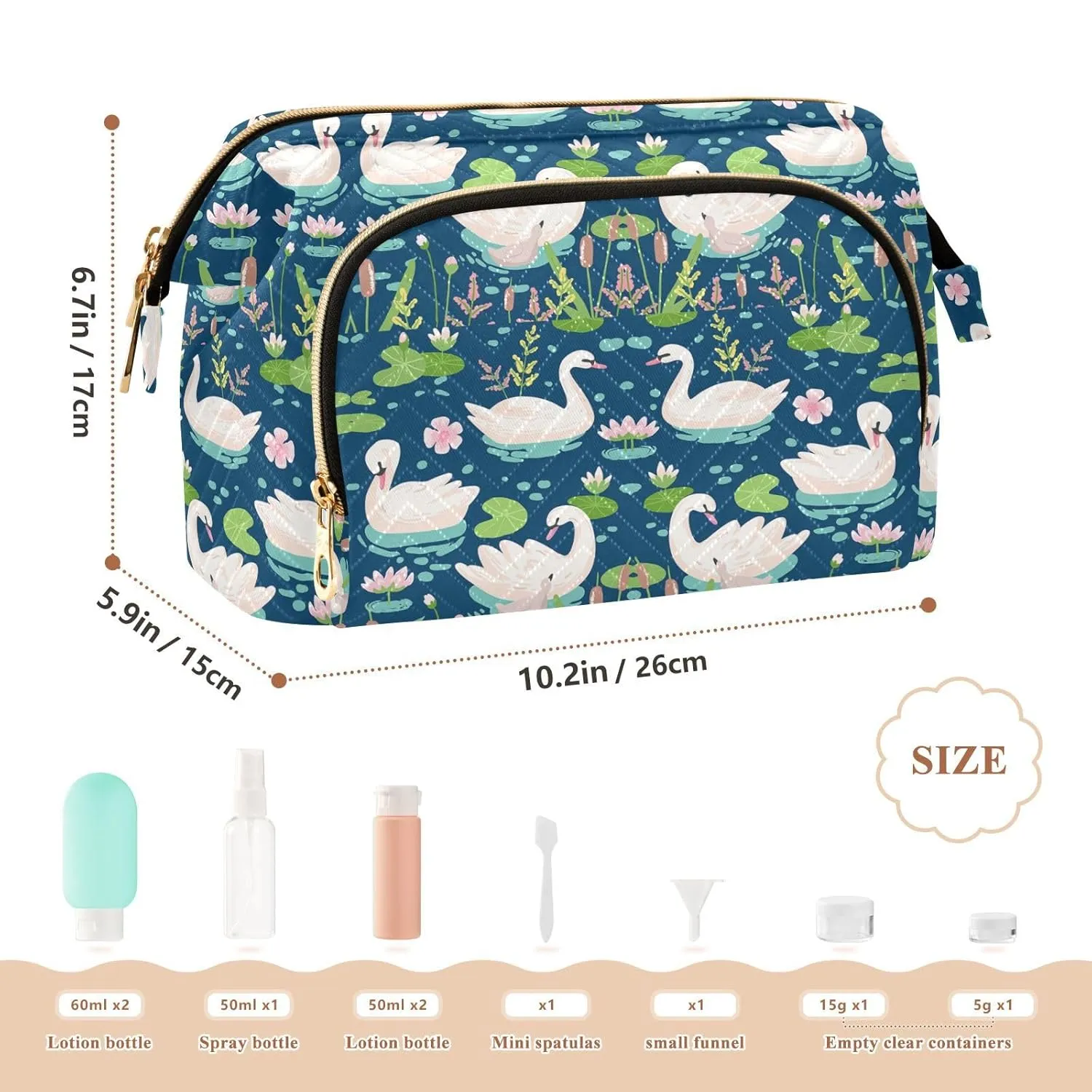 Women Wave Quilt Cosmetic Bag, Zipper Toiletry Storage 10.2x5.9x6.7 in, Pouch Handbag Makeup Case Purse Holder Organizer Print White Swans Water Lilies Green Leaves Pond
