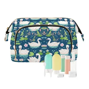 Women Wave Quilt Cosmetic Bag, Zipper Toiletry Storage 10.2x5.9x6.7 in, Pouch Handbag Makeup Case Purse Holder Organizer Print White Swans Water Lilies Green Leaves Pond