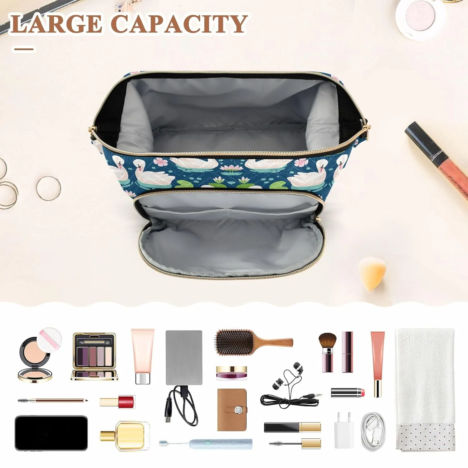 Women Wave Quilt Cosmetic Bag, Zipper Toiletry Storage 10.2x5.9x6.7 in, Pouch Handbag Makeup Case Purse Holder Organizer Print White Swans Water Lilies Green Leaves Pond