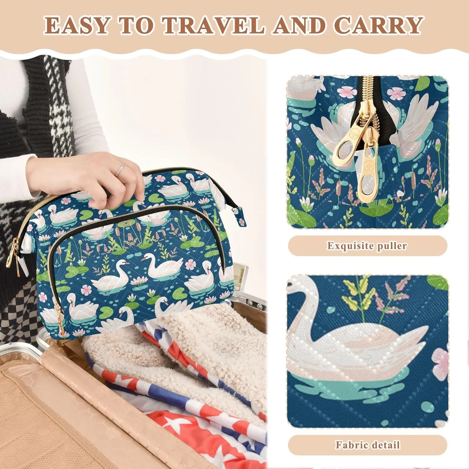 Women Wave Quilt Cosmetic Bag, Zipper Toiletry Storage 10.2x5.9x6.7 in, Pouch Handbag Makeup Case Purse Holder Organizer Print White Swans Water Lilies Green Leaves Pond