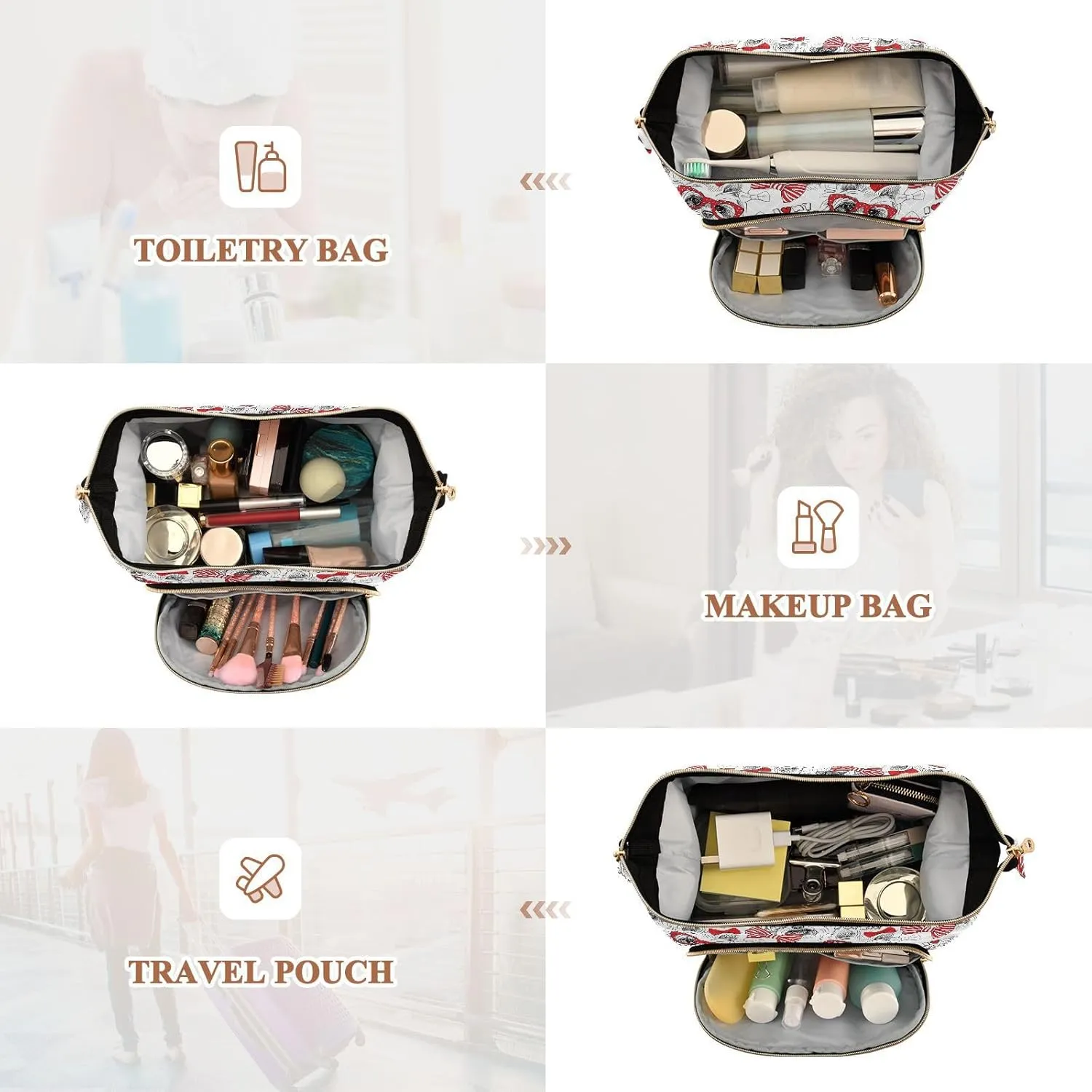 Women Wave Quilt Cosmetic Bag, Zipper Toiletry Storage 10.2x5.9x6.7 in, Pouch Handbag Makeup Case Purse Holder Organizer Print Yorkshire Terrier With Red Ties And Sunglasses