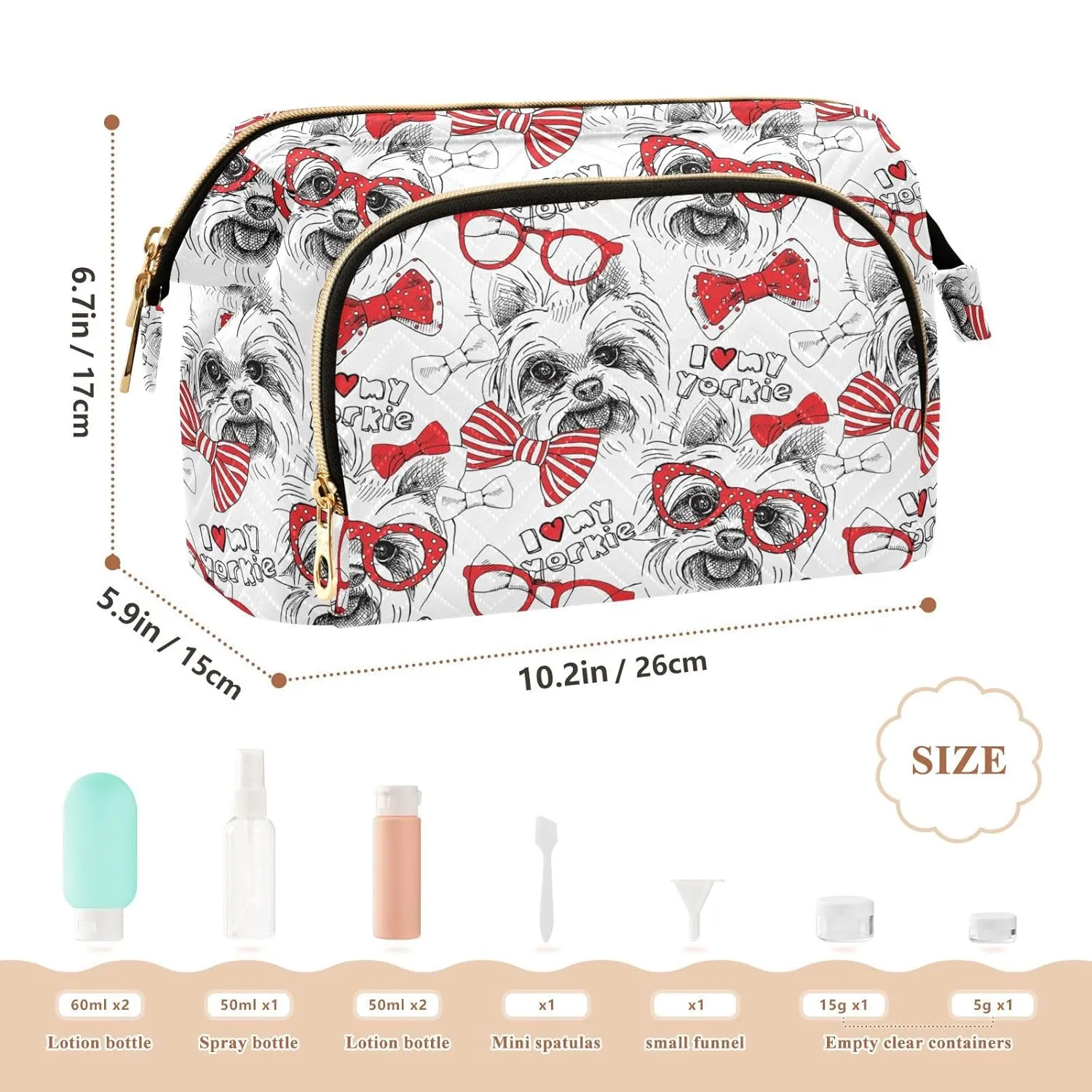 Women Wave Quilt Cosmetic Bag, Zipper Toiletry Storage 10.2x5.9x6.7 in, Pouch Handbag Makeup Case Purse Holder Organizer Print Yorkshire Terrier With Red Ties And Sunglasses