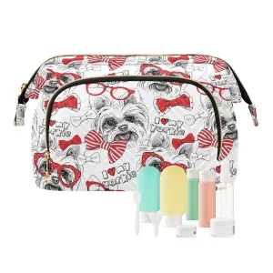 Women Wave Quilt Cosmetic Bag, Zipper Toiletry Storage 10.2x5.9x6.7 in, Pouch Handbag Makeup Case Purse Holder Organizer Print Yorkshire Terrier With Red Ties And Sunglasses