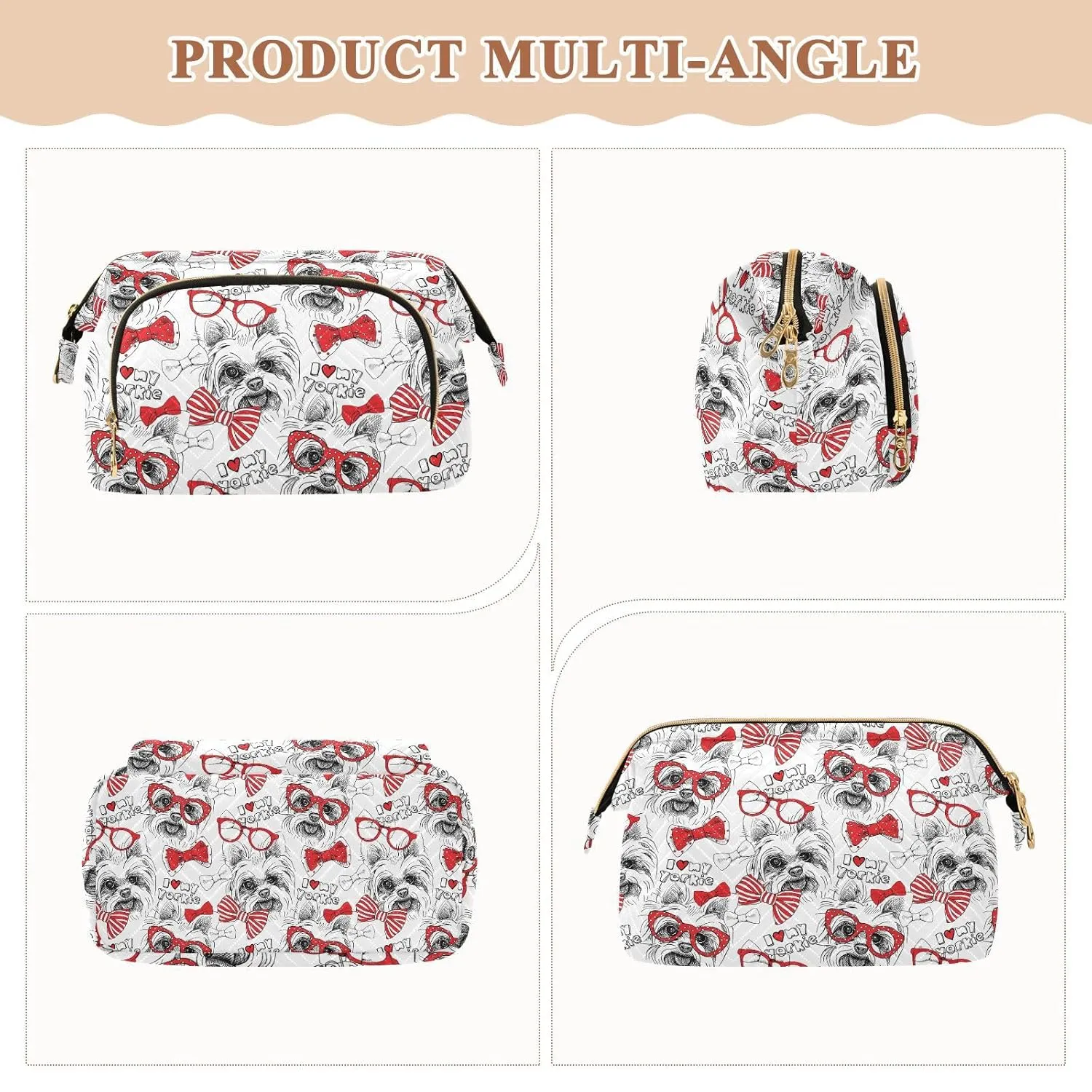 Women Wave Quilt Cosmetic Bag, Zipper Toiletry Storage 10.2x5.9x6.7 in, Pouch Handbag Makeup Case Purse Holder Organizer Print Yorkshire Terrier With Red Ties And Sunglasses