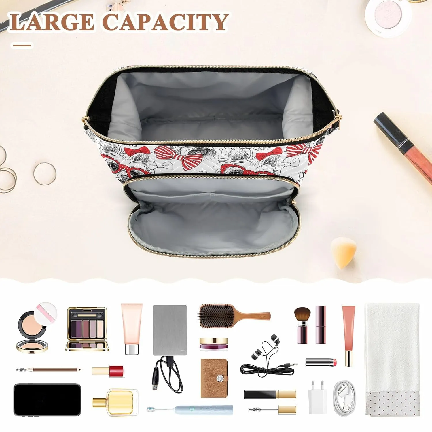 Women Wave Quilt Cosmetic Bag, Zipper Toiletry Storage 10.2x5.9x6.7 in, Pouch Handbag Makeup Case Purse Holder Organizer Print Yorkshire Terrier With Red Ties And Sunglasses