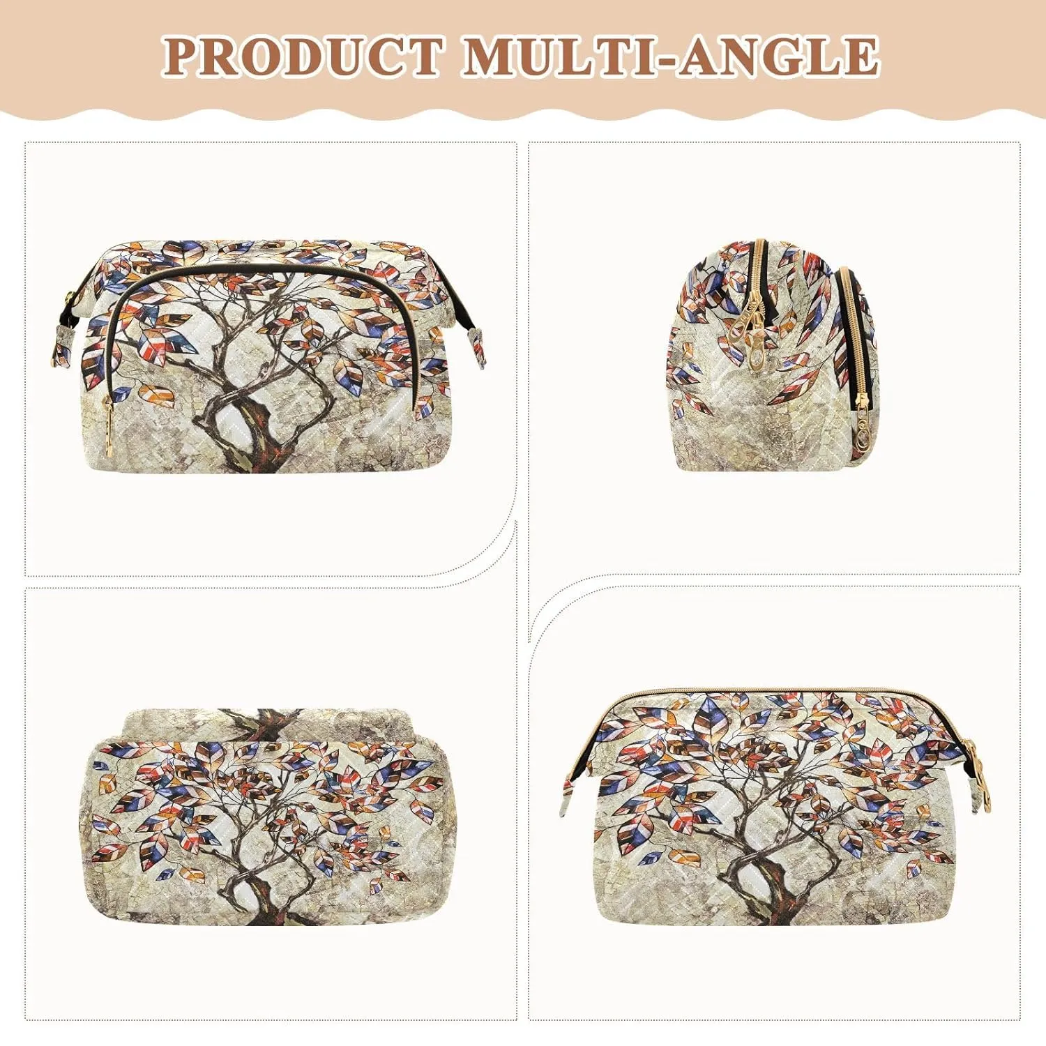 Women Wave Quilt Cosmetic Bag, Zipper Toiletry Storage 10.2x5.9x6.7 in, Pouch Handbag Makeup Case Purse Holder Organizer Tree Of Life Vintage Abstract Art Tree